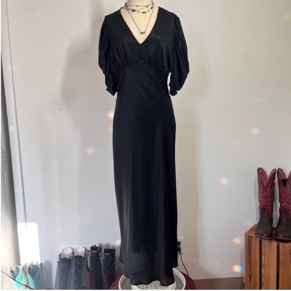1930 Style Current Air Black Satin Dress Puff Sleeve with buttons 
▪️Size L - Picture 1 of 10